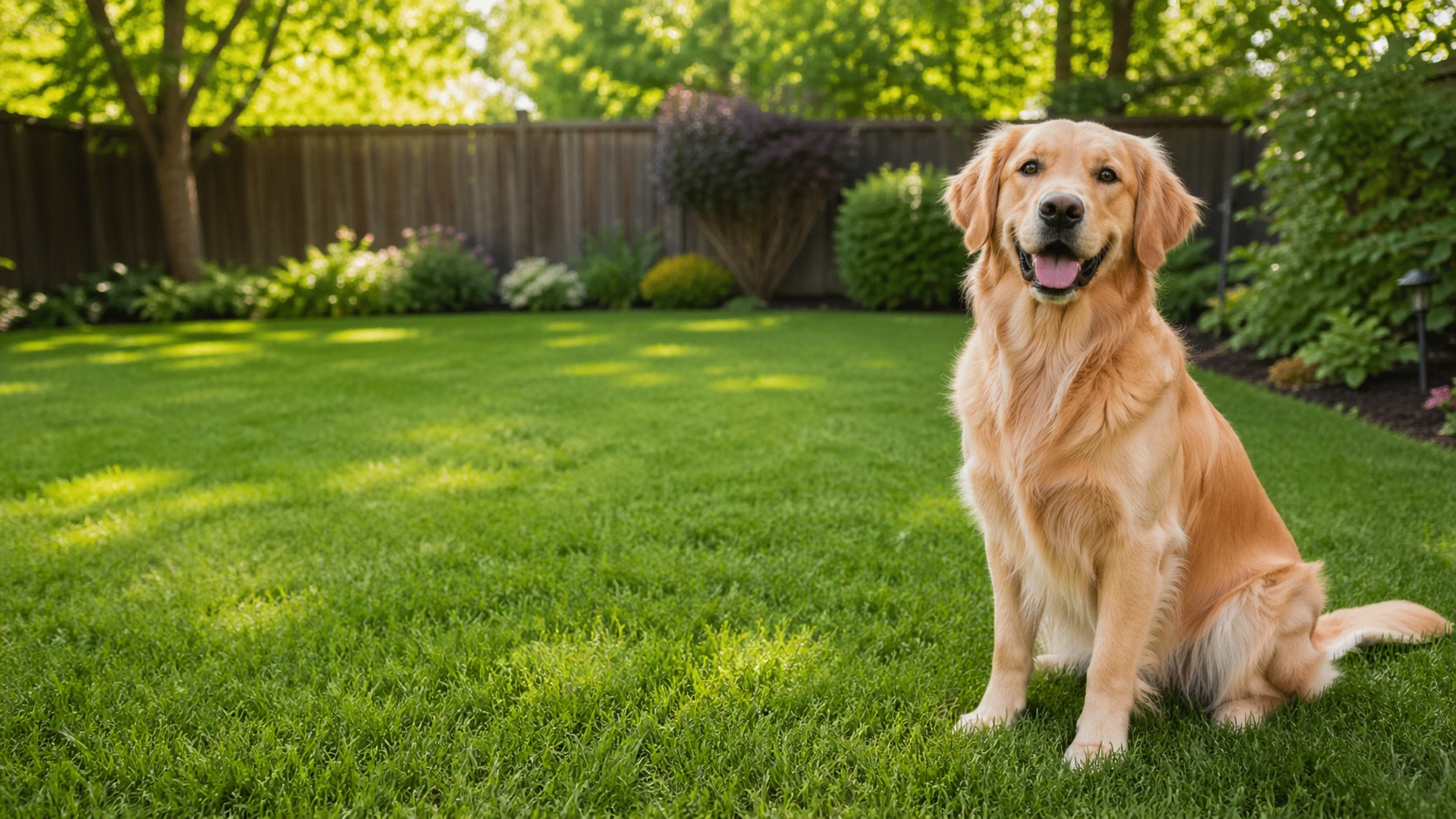 Golden retriever sitting in a freshly cleaned green backyard.